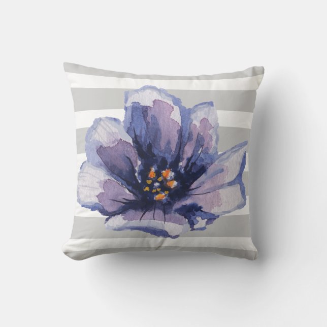 Purple and Grey Striped Watercolor Floral Pillow (Front)