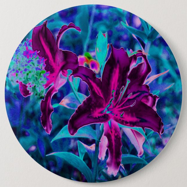 Purple and Hot Pink Abstract Oriental Lily Flowers Button (Front)