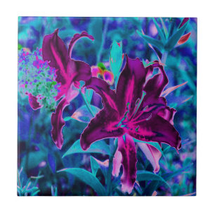 Purple and Hot Pink Abstract Oriental Lily Flowers Ceramic Tile