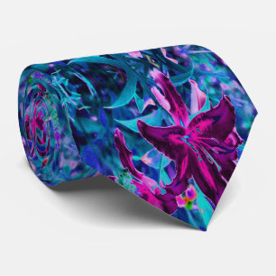 Purple and Hot Pink Abstract Oriental Lily Flowers Neck Tie