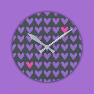 Purple and Hot Pink Hearts with Colorful Stripes Round Clock