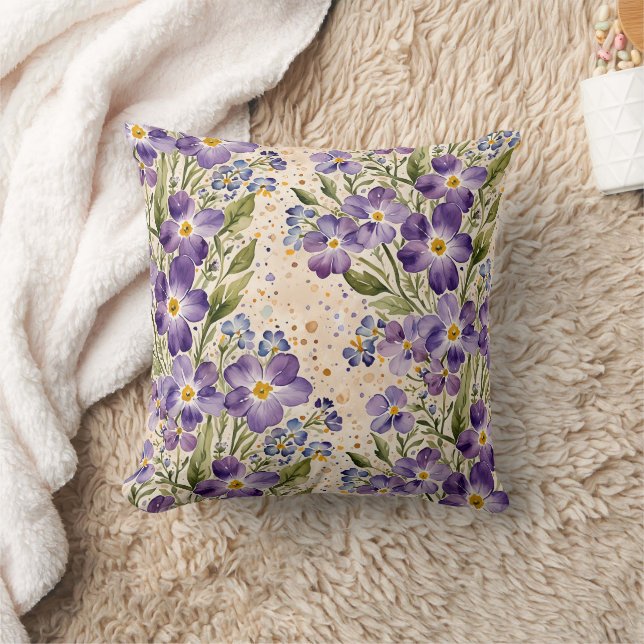 Purple and Indigo Floral Throw Pillow (Blanket)