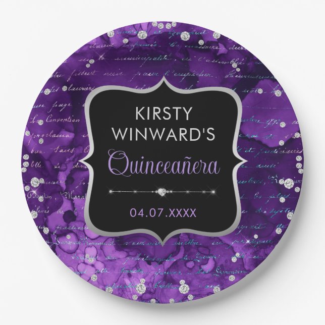 Purple and Iridescent Glitter Letters Quinceanera Paper Plates (Front)