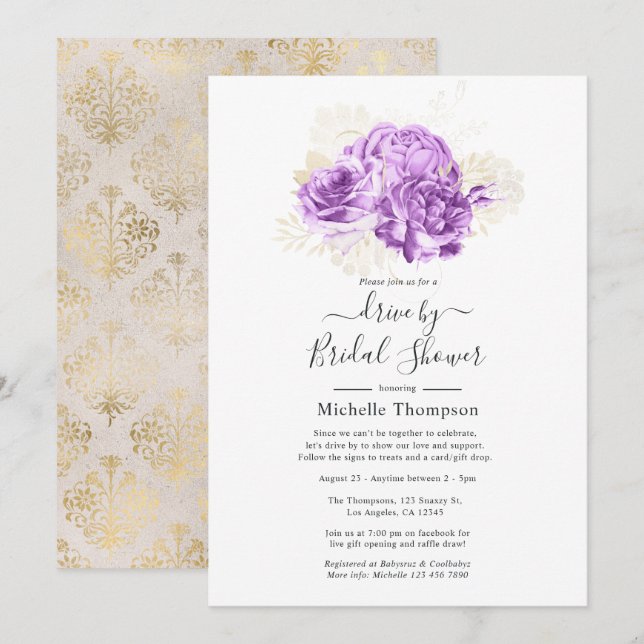 Purple and Ivory Floral Drive By Shower Invitation (Front/Back)