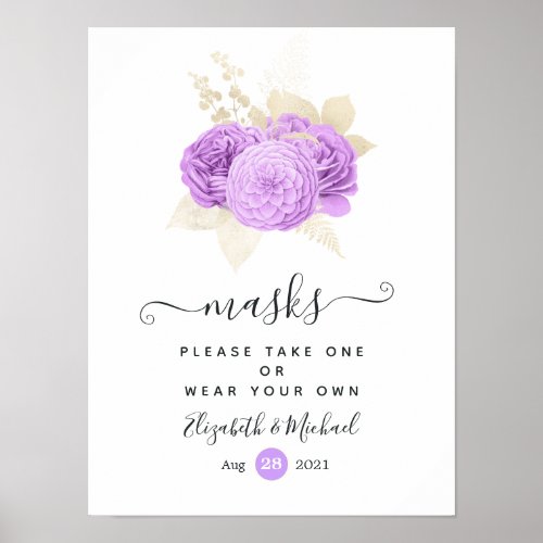 Purple and Ivory Floral Wedding Face Masks Poster