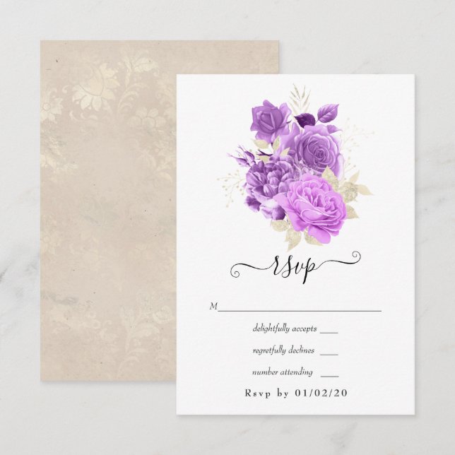 Purple and Ivory Floral Wedding RSVP Card (Front/Back)