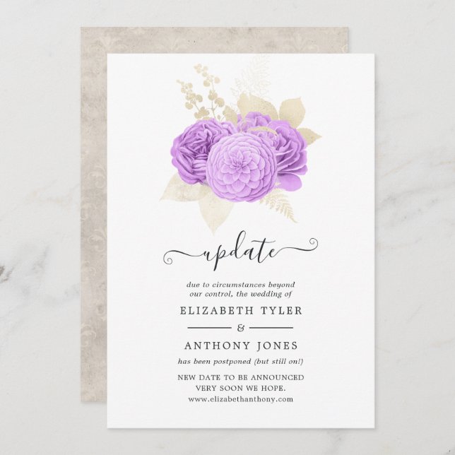 Purple and Ivory Floral Wedding Update Invitation (Front/Back)