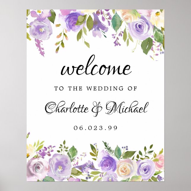 Purple and Ivory Floral Wedding Welcome Sign (Front)
