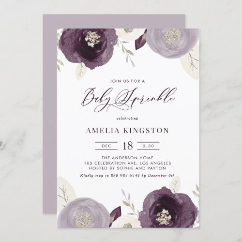 Purple and Ivory Flowers Silver Baby Sprinkle Invitation