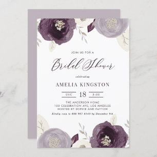 Purple and Ivory Flowers Silver Bridal Shower Invitation