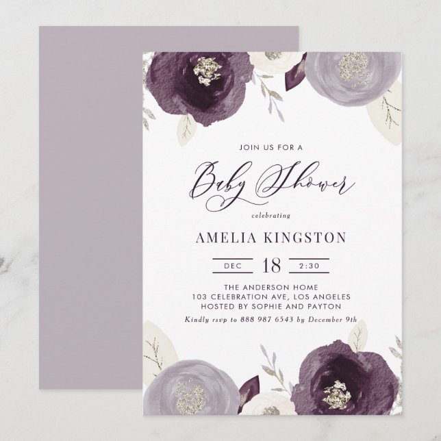 Purple and Ivory Flowers Silver Foil Baby Shower Invitation (Front/Back)