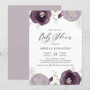 Purple and Ivory Flowers Silver Foil Baby Shower Invitation