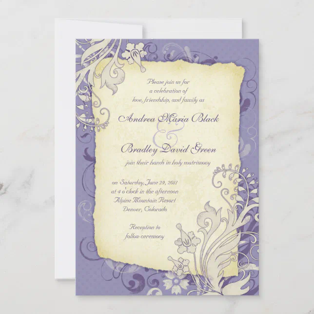 Purple and Ivory Vintage Floral Wedding Invitation | Zazzle