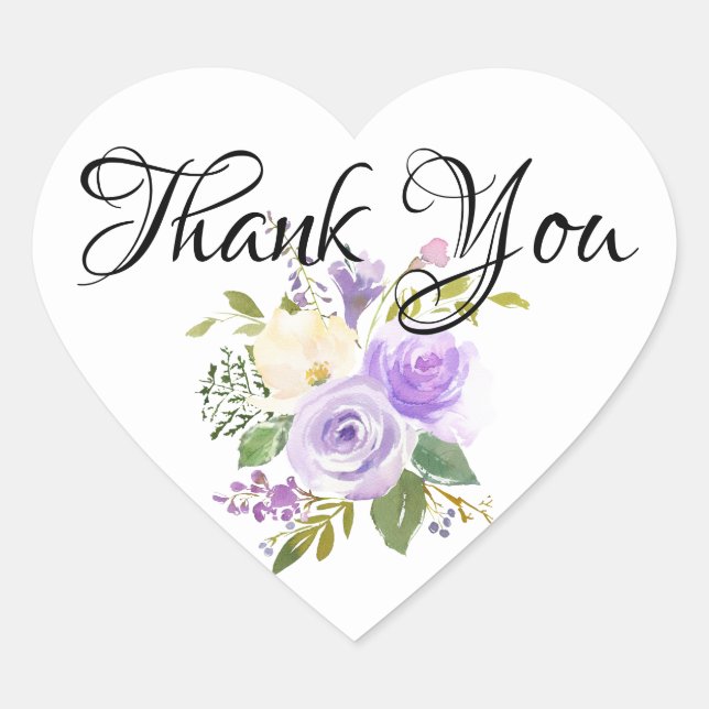 Purple and Ivory White  Floral Thank You Heart Sticker (Front)
