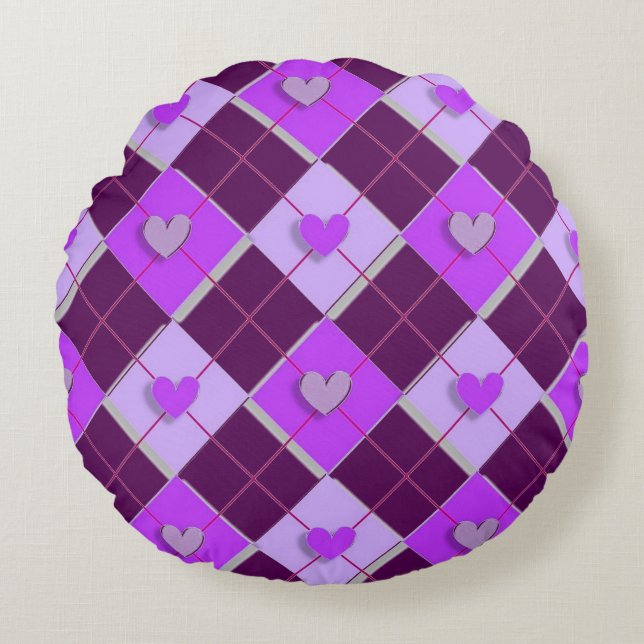 Purple And Lavender Argyle Hearts Round Pillow (Front)