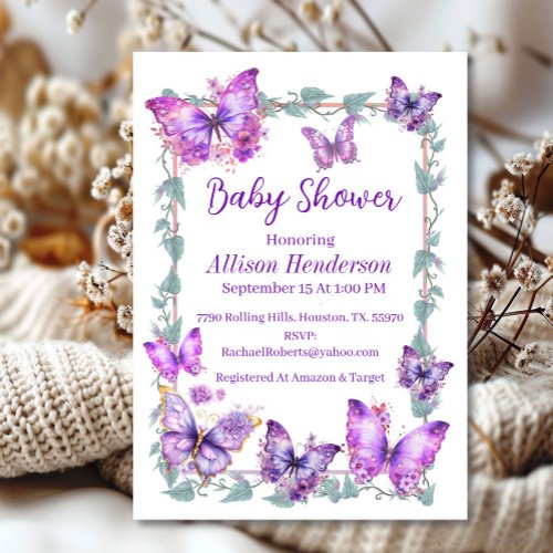 Purple And Lavender Butterfies Baby Shower Invitation
