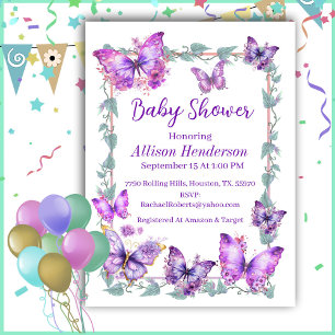 Purple And Lavender Butterfies Baby Shower Invitation