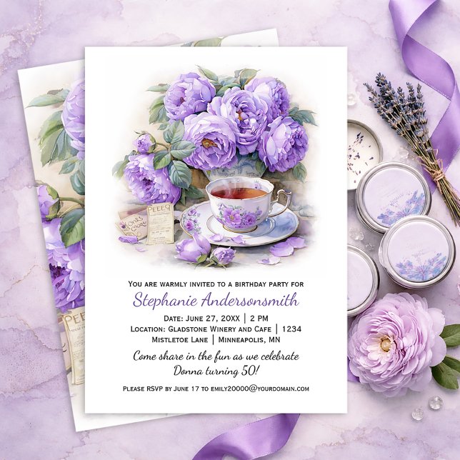 Purple and Lavender Peonies Tea Cup Birthday Party Invitation (Creator Uploaded)