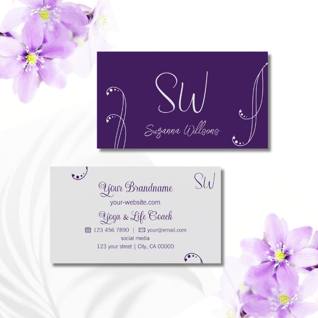 Purple and Light Gray Modern Ornate with Monogram Business Card (Creator Uploaded)