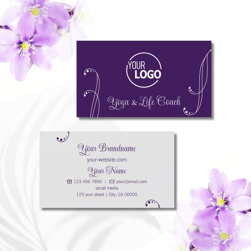 Purple and Light Gray Ornamental with Logo Ornate Business Card