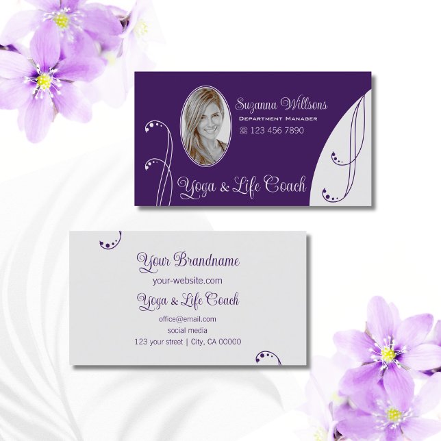 Purple and Light Gray Ornate with Portrait Photo Business Card (Creator Uploaded)