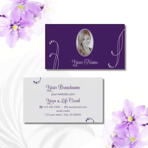 Purple and Light Gray with Portrait Photo Ornate Business Card