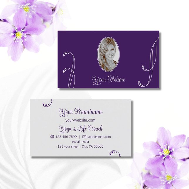Purple and Light Gray with Portrait Photo Ornate Business Card (Creator Uploaded)