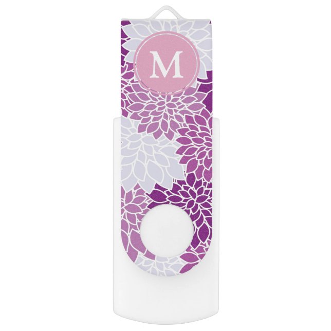Purple and Lilac Flower Pattern Monogram Flash Drive (Front Vertical)