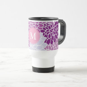 Purple and Lilac Flower Pattern Monogram Travel Mug