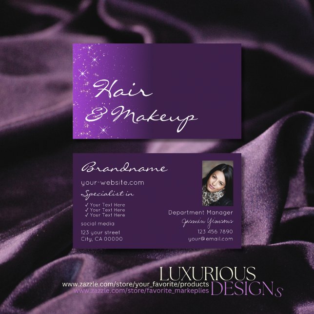 Purple and Lilac Gradient Glitter Stars with Photo Business Card (Creator Uploaded)