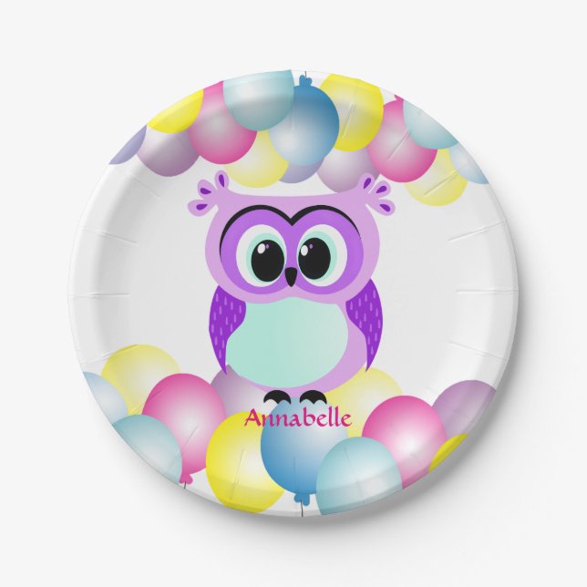Purple and lilac mother and baby owl cartoon paper plates (Front)