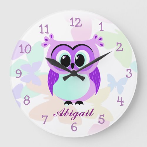 Purple and lilac mother and baby owl illustration large clock