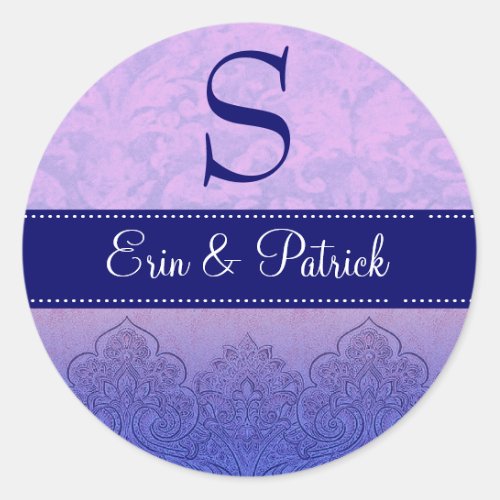 Purple and Lilac Wedding Damask  Monogram C547A Classic Round Sticker