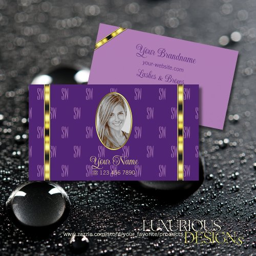Purple and Lilac with Photo Chic Patterned Letters Business Card