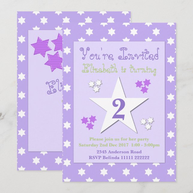 Purple and lilac with stars birthday party invitation (Front/Back)