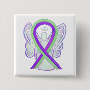 Purple and Lime Awareness Ribbon Angel Button Pins
