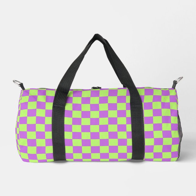 Purple and lime checkered Print Cut Sew duffel bag (Front)