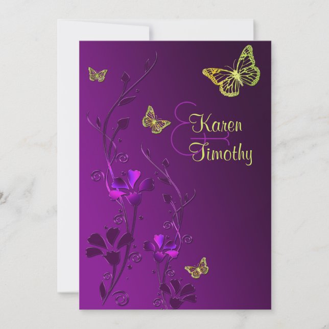 Purple and Lime Floral with Butterflies Invitation (Front)