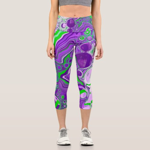 Purple and Lime Green Marble Fluid Art  Capri Leggings