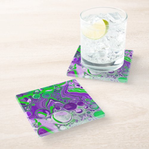 Purple and Lime Green Marble Fluid Art      Glass Coaster