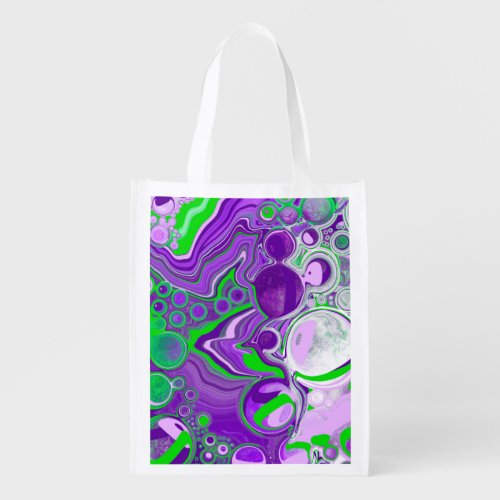 Purple and Lime Green Marble Fluid Art   Grocery Bag