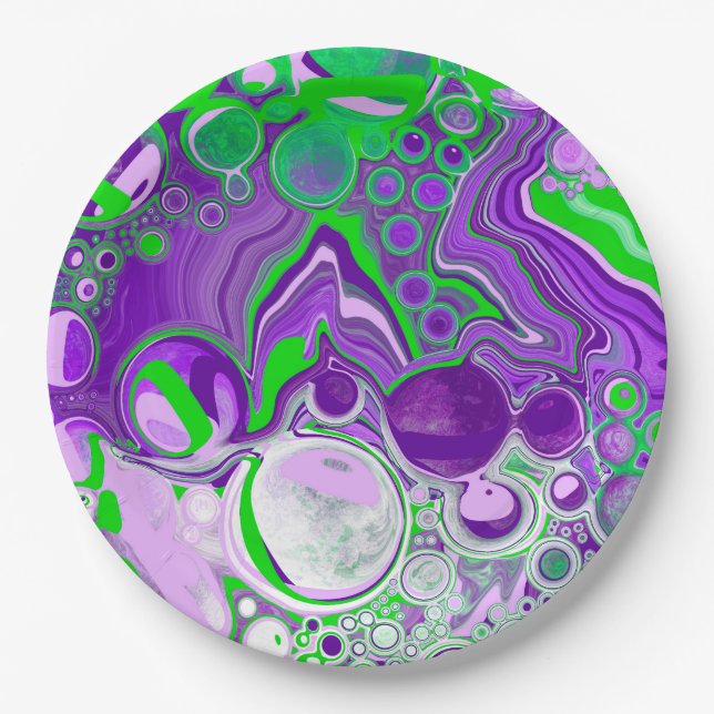 Purple and Lime Green Marble Fluid Art    Paper Plates (Front)