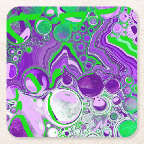 Purple and Lime Green Marble Fluid Art   Square Paper Coaster