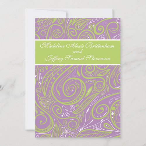 purple and lime paisley wedding theme invitation