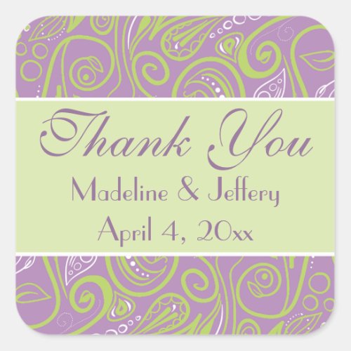 purple and lime paisley wedding theme square sticker