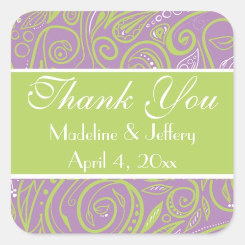purple and lime paisley wedding theme square sticker