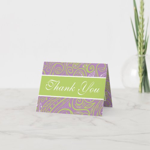 purple and lime paisley wedding theme thank you card