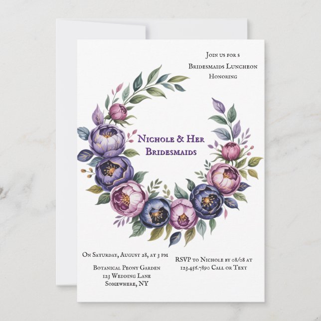 Purple and Magenta Peony Bridesmaids Luncheon Invitation (Front)