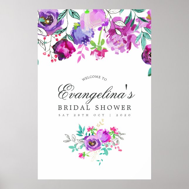 Purple and Mint Floral Bridal Shower Welcome Poster (Front)