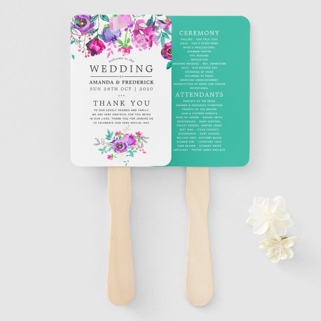 Purple and Mint Floral Wedding Program Hand Fan (Front and Back)